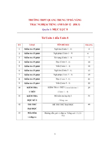 Đề trắc nghiệm học kì I môn Tiếng Anh 12 (Quyển 1) - Năm học 2016-2017 - Trường THPT Quang Trung (Kèm đáp án)