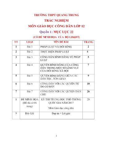 Đề trắc nghiệm môn GDCD 12 (Quyển 1) - Năm học 2016-2017 - Trường THPT Quang Trung (Kèm đáp án)