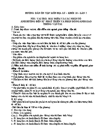 Hướng dẫn ôn tập môn Địa lý Khối 10 (Lần 5)