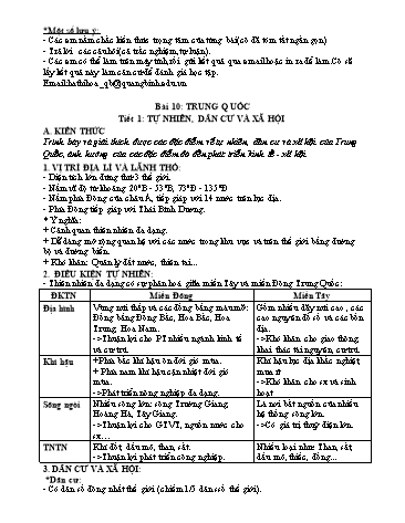 Kế hoạch bài dạy môn Địa lí 11 - Tiết 1+2, Bài 10: Trung Quốc