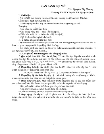 Kế hoạch bài dạy Sinh học 11 - Bài: Cân bằng nội môi - Nguyễn Thị Hương