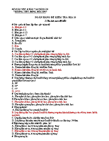 Ngân hàng đề kiểm tra môn Địa lí 10 - Trường THPT Hồng Đức (Có đáp án)