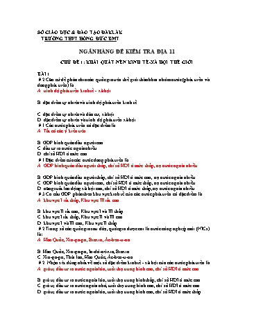Ngân hàng đề kiểm tra môn Địa lí 11 - Trường THPT Hồng Đức (Có đáp án)