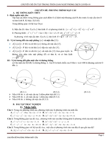 Ôn tập kiến thức môn Toán Lớp 12 - Chuyên đề: Phương trình mặt cầu