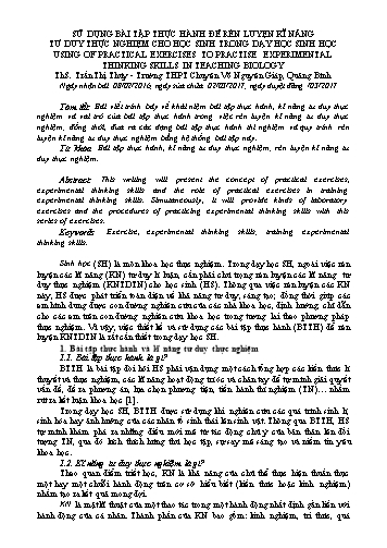 Sử dụng bài tập thực hành để rèn luyện kĩ năng tư duy thực nghiệm cho học sinh trong dạy học Sinh học