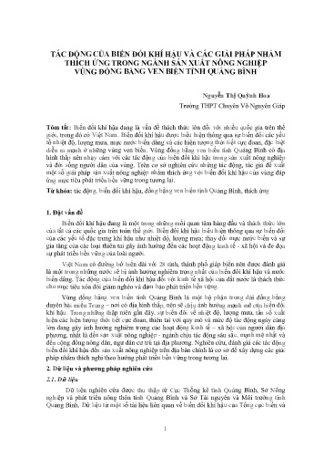 Tác động của biến đổi khí hậu và các giải pháp nhằm thích ứng trong ngành sản xuất nông nghiệp vùng đồng bằng ven biển tỉnh Quảng Bình