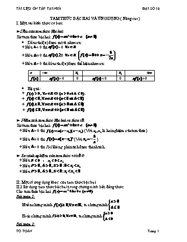 Tài liệu Ôn tập kiến thức Đại số 10 - Bài: Tam thức bậc hai và ứng dụng (Nâng cao)