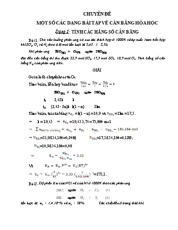 Tài liệu Ôn tập kiến thức môn Hóa học 10 - Chuyên đề: Một số các dạng bài tập về cân bằng hóa học