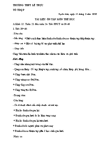 Tài liệu Ôn tập môn Thể dục Khối THPT - Tuần 21 đến 24 - Năm học 2019-2020 - Trường THPT Lê Trực